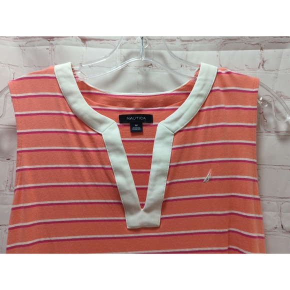 Nautica Women's Summer dress sleeveless M medium Coral Pink White Striped vneck - Picture 2 of 5